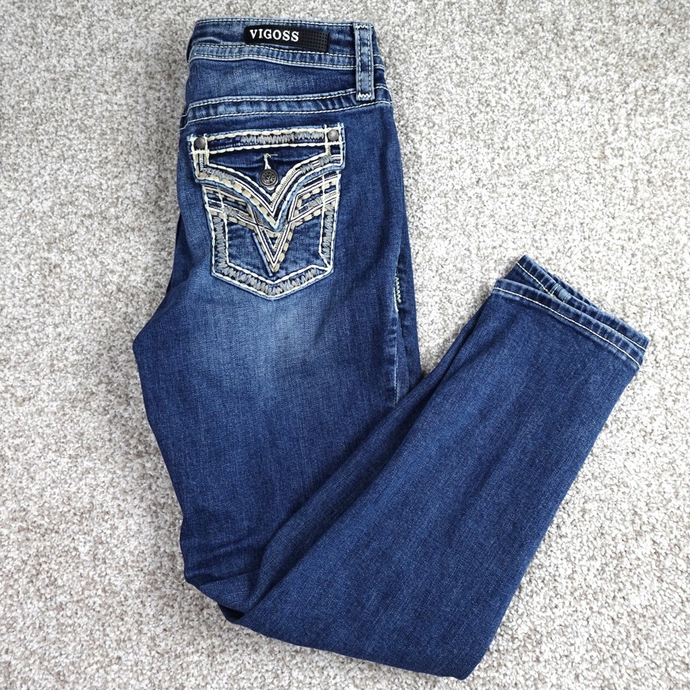 Vigossโ Capri Jeans Heritage Fit Dark Wash Embroidered Thick Stitch Size 2 L25